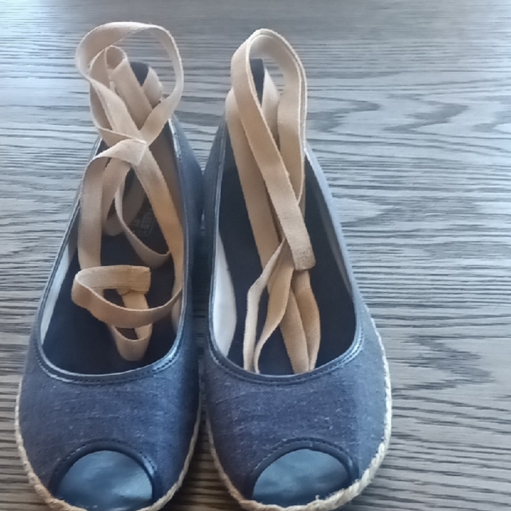 Faded Glory Blue and Tan Espadrille Flats with Ankle Wrap
